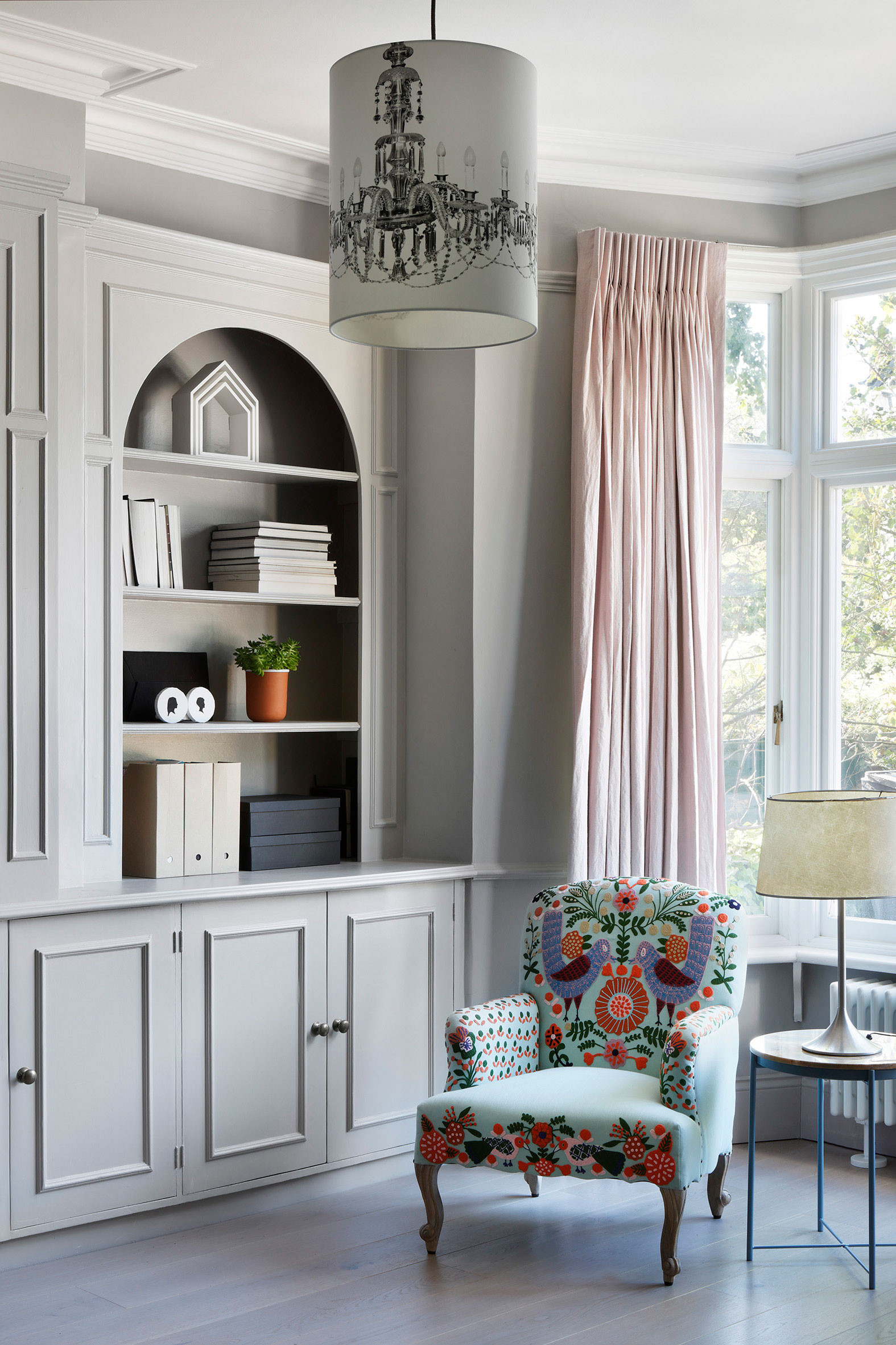 mwai painted library shelving chair decorative lamp shade