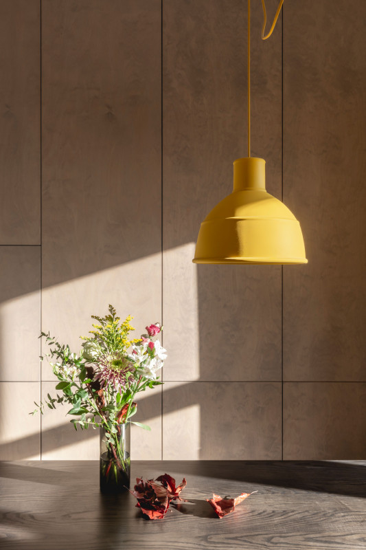 mwai Spencer Avenue kitchen pendant yellow plywood cupboard upcycle